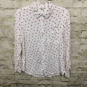 Beach Lunch Lounge White Red Heart Print Viscose Button Up Shirt